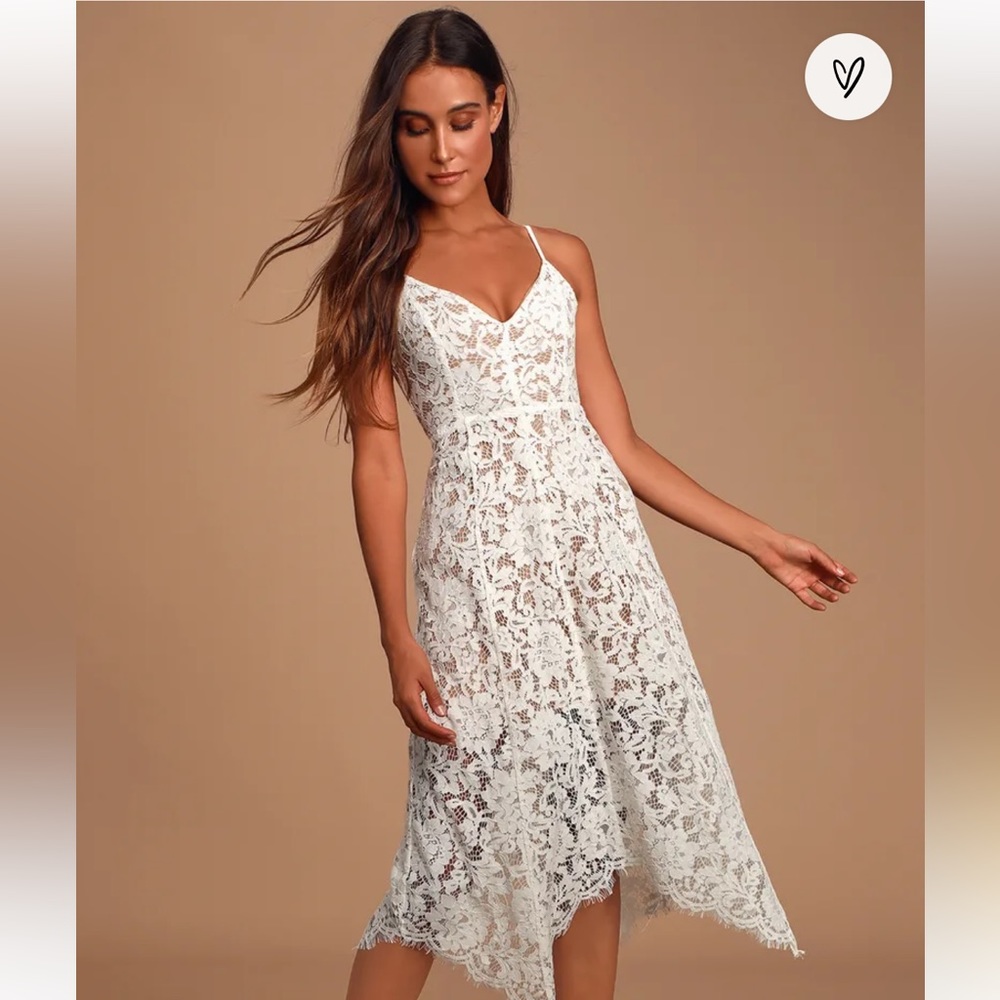Lulu’s One Wish White Lace Midi Dress